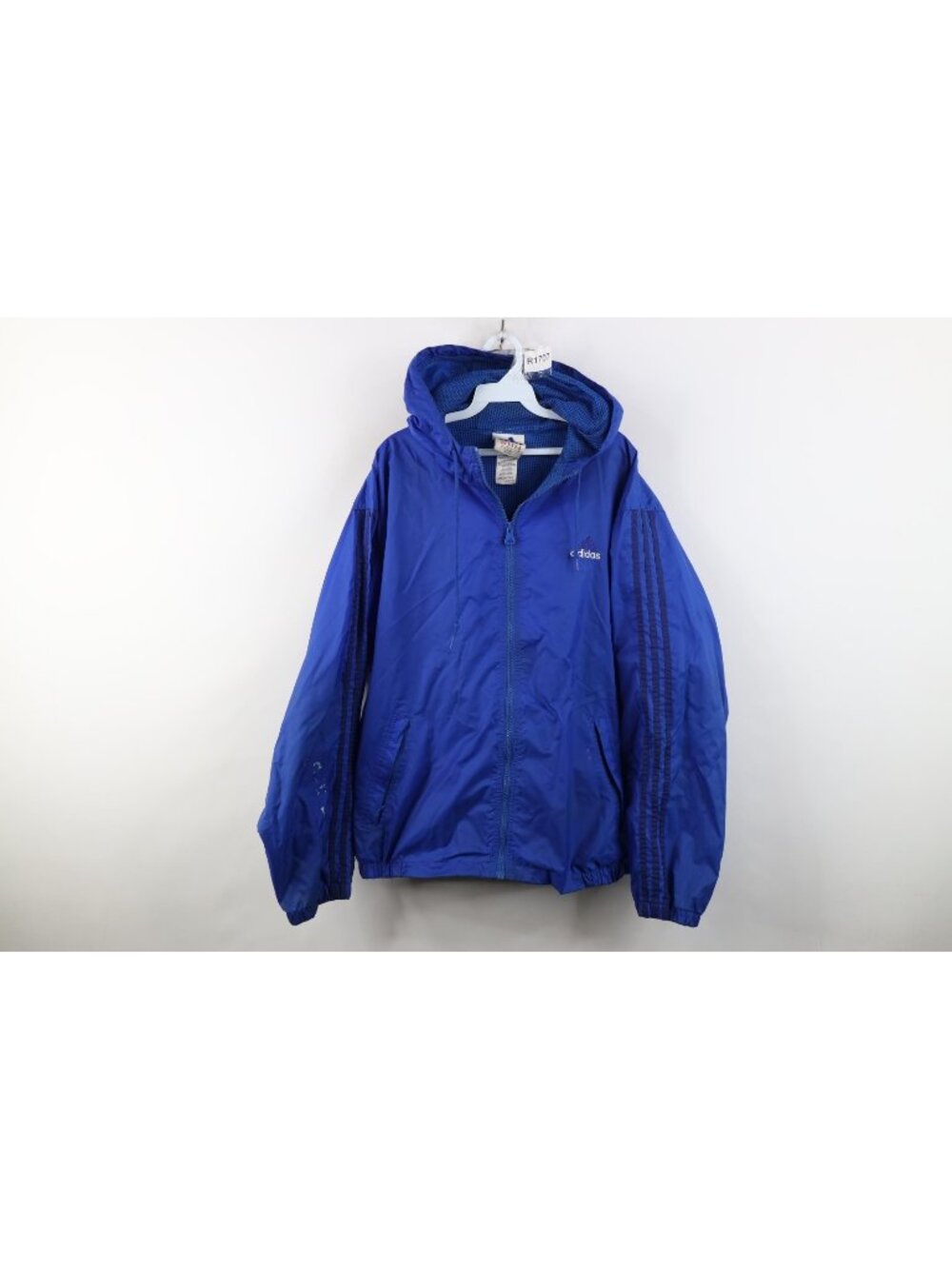 Vintage 90s Adidas Mens Large Spell Out Full Zip Hooded Windbreaker Jacket Blue